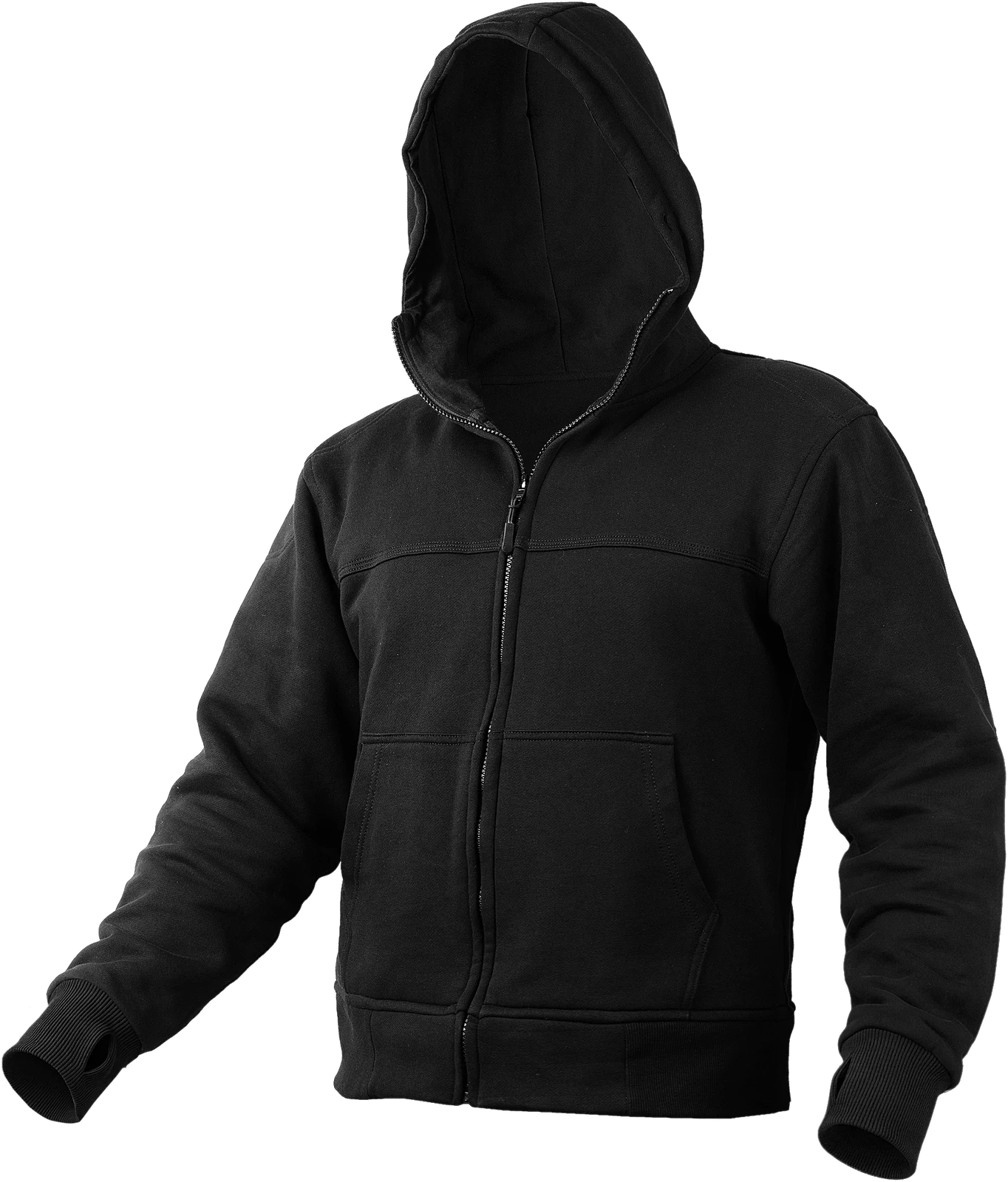 Black zip hoodie, ghost mannequin shot